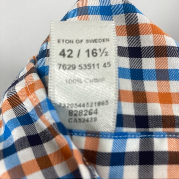 Eton Shirt Slim Mens 16.5 Slim Fit Large 42 Blue Red Plaid 100% Cotton - Picture 8 of 11